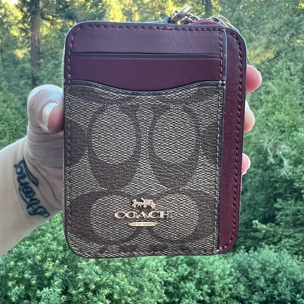 COACH Zip Card Case CC/ID Wallet Signature Canvas and Smooth Leather AUTHENTIC - Picture 4 of 5